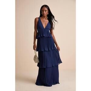 NWT Lulus Mesmerizing Essence Navy Pleated Backless Tiered Maxi Dress - Size L